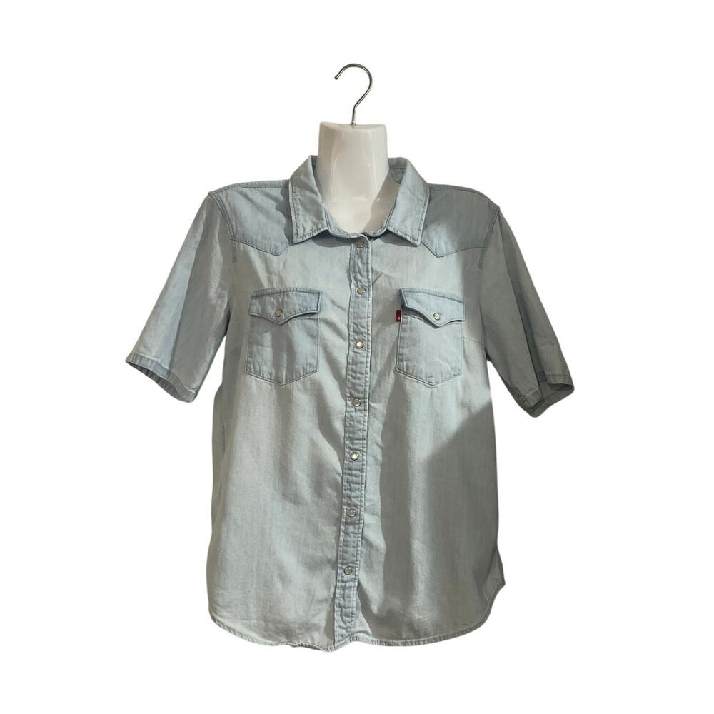 Levi's Short Sleeve Western Denim Pearl Button Shirt SZ L Chambray Cowgirl Rodeo